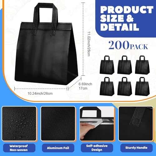 Hushee 200 Pcs Insulated Take out Bags Bulk Thermal Insulation Take Away Bags Disposable 10.24x11.02x6.69 Inch for Grocery Lunch Hot Cold Frozen Food Delivery Shipping Cooler(Black) - Thumbnail 3