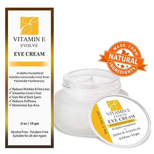 Natural Vitamin E Eye Cream for dark circles & under eyes treatment. Reduce puffy bags, remove wrinkles & fine lines & soften crow's feet. Best antiaging moisturizer cream for brightening & hydrating