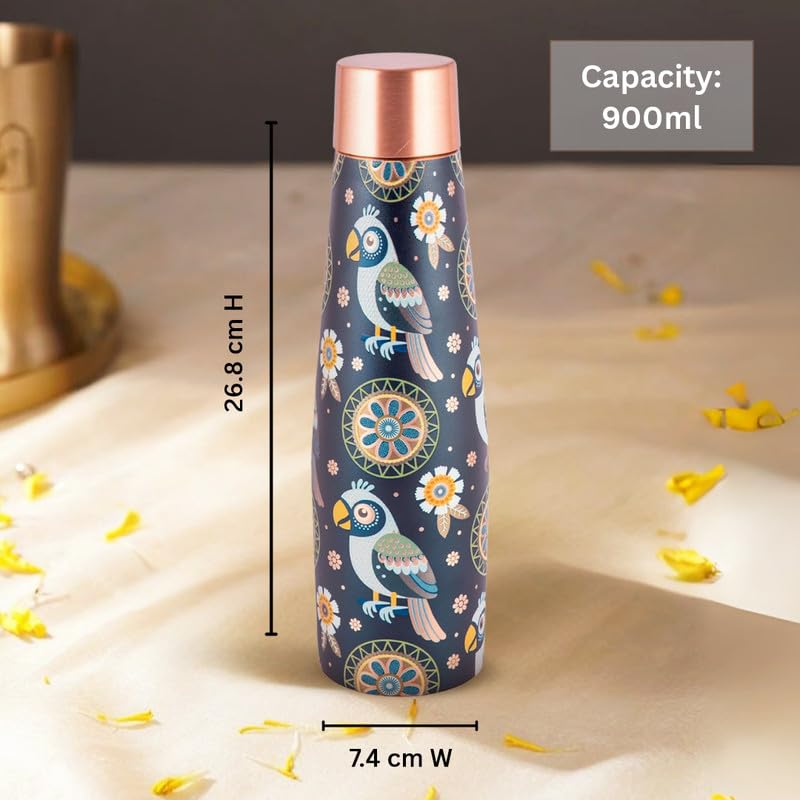 Image of Copper Bottle | Bird Motif | UV Printed Design | Pure Copper Water Bottle for Health & Wellness | 900 ml Capacity