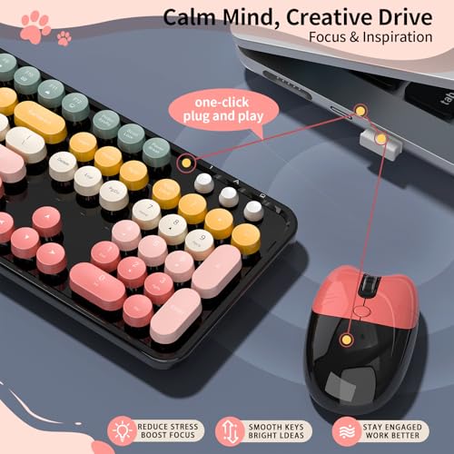 Image of Wireless Keyboard and Mouse, MOFII 104 Round Keycaps Retro Typewriter with OTG & Brush, Full-Size Ergonomic, Ideal for Windows PC, Home, Office and College Rainbow Red