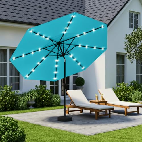 Image of 9' Solar LED Patio Umbrella with Tilt & Crank|8 Sturdy Ribs,UV Protection,Outdoor Market Table Umbrella for Deck,Lawn,Pool,Backyard(Light Blue)