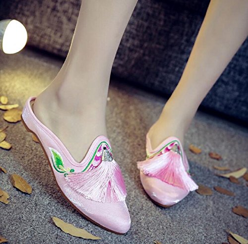 Lazutom Women Lady Chinese Style Vintage Embroidery Tassels Point Toe Indoor Outdoor Slipper2