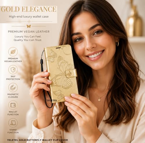 Image of TELETEL Butterfly Magnetic Closure Wallet Card Holder Flip Case for Vivo V50 5G|Mobile Cover|Back Flip Cover - Gold