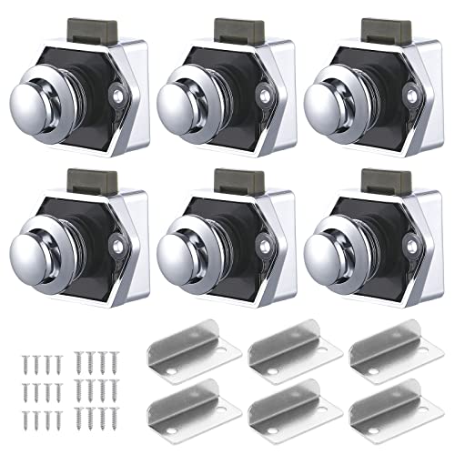 6PCS Push Button Latch Lock, Keyless Push Button Cabinet Latch, Cupboard Door Knob Latch for RV Yachts Boat Motorhome Camper Caravan (Silver)