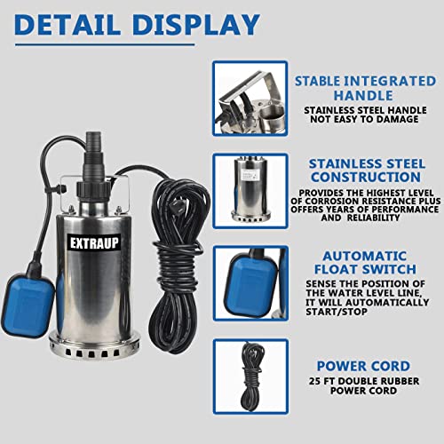 EXTRAUP 1HP 3000 GPH Stainless Steel Submersible Clean Water Transfer Pump Pool Pond Flood Sump Pump - Image 4