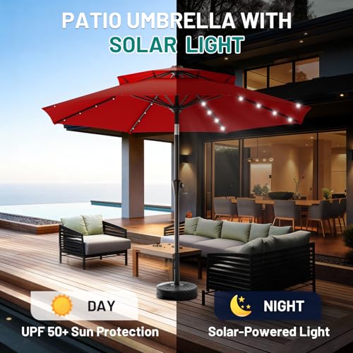 Image of AreShark 9ft 2 Tiers Patio Umbrella with Solar Lights, Outdoor Umbrella w / 32 LED Lights&8 Sturdy Ribs, Table Umbrella for Deck, Backyard, Pool(Red)