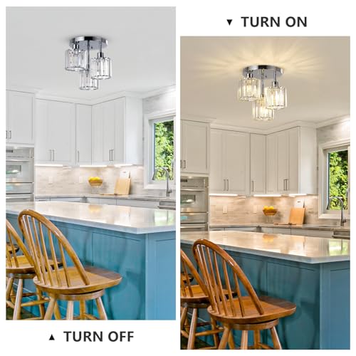 Modern Crystal Chandeliers Ceiling Light, 3-Lights Crystal Ceiling Lights Living Room, Chrome Semi Flush Ceilings Light Fittings for Hallway, Bathroom, Bedroom, Foyer, Kitchen Light Fixture - Image 4