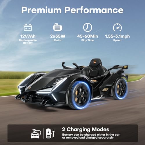 Image of TEOAYEAH Kids Ride on Car, Licensed Lamborghini V12 Vision GT Roadster, 12V7Ah Battery Powered Electric Car Ride-on Toy with Remote Control, Spring Suspension, LED Lights, Bluetooth, Music, Black