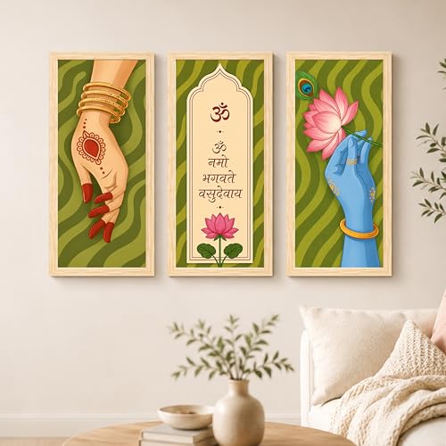 Image of Radha Krishna Framed Wall Art Painting for Living Room, Set of 3 Om Namo Bhagavate Vasudevaya Mantra Poster, vishnu & laxmi Painting for Living Room, Home Decor (Size-24x48 cm)