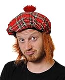 SCHOTTISCHE HIGHLANDER MÜTZE MIT BEFESTIGTEN HAAREN= VON ILOVEFANCYDRESS®IN EINEM ROTEN KARO MUSTER MIT EINEM ROTEN BOMMEL UND HAAREN UND EINEM ELASTISCHEN RAND FÜR BESSEREN SITZ= ERHALTBAR IN DEN STÜCKZAHLEN VON || 1 MÜTZE ||