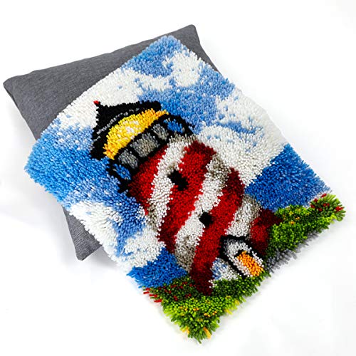 Image of clubevy Latch Hook Rug Kits, Kids Adults Carpet Embroidery Set Beginners Cross Stitch DIY Crochet Needlework Crafts Kits with Yarn, Crochet Hook and Gift Box, Lighthouse Pattern Printed 16X24 Inches