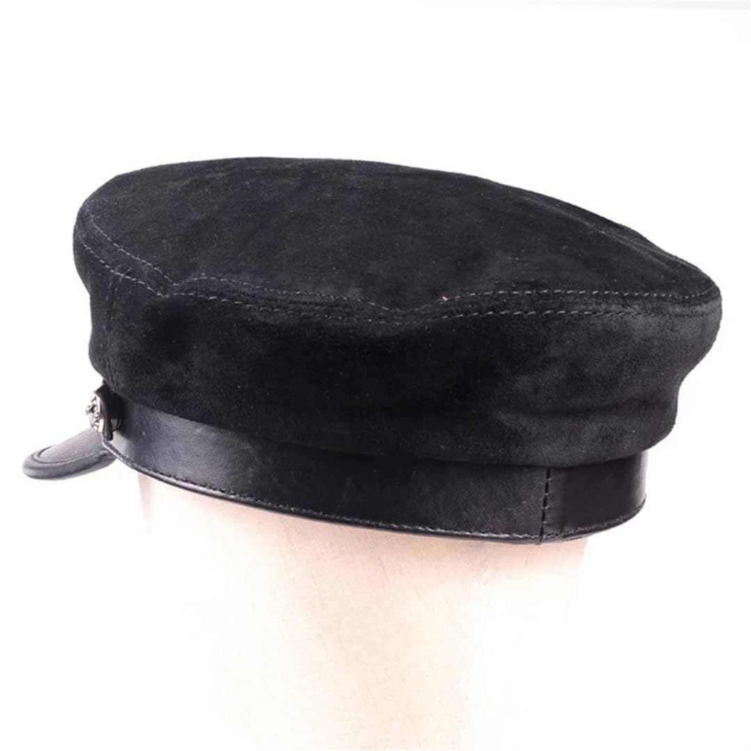 Sombreros de gamuza de piel auténtica para hombre y mujer, unisex, color azul marino, con cinturón de metal, gorra plana marrón/morado