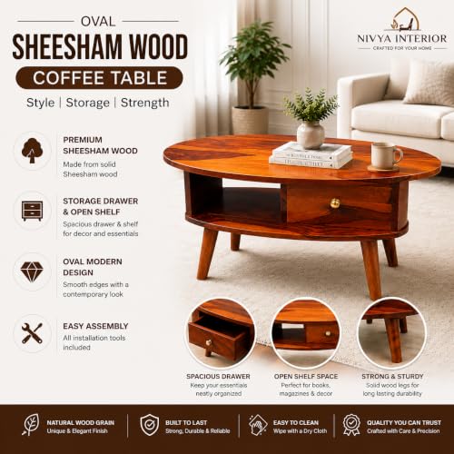 Image of Oval Solid Sheesham Wooden Coffee Table for Home | Living Room Center Table with Storage Shelf & Drawer | Modern Sofa Coffee Table