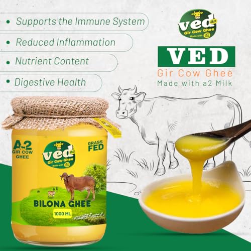 Image of Ved A2 Gir 100% Pure A2 Desi Gir Cow Ghee, Made with Vedic Bilona Method, Lab Tested Hand Churned Cow Desi Ghee, Support Immune System & Digestive Health, Glass Jar (1000ml, Pack of 1)