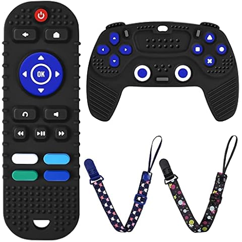 2PCS Silicone Baby Teething Toys, Remote Control Shape Teething Toys and Game Controller Teether Toy with 2PCS Pacifier Clip, BPA Free Silicone Remote Teether for Baby 3+ Months,Frozen(Black) Cover