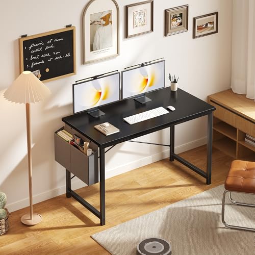 Image of OLIXIS Computer Desk, 47 Inch Gaming Desks for Home Office Small Spaces | Writing Study Craft Work Table, Computer Workstation for Bedroom with Storage Bag, Modern Black