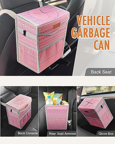 Image of Pritent Car Trash Can with Lid, Cute Leakproof Car Trash Garbage Bag Hanging Vehicle Trash Bin Small Portable Automotive Garbage Cans Organizer for Back /Front Seat /Console(2.8 Gallons,Pink Print)