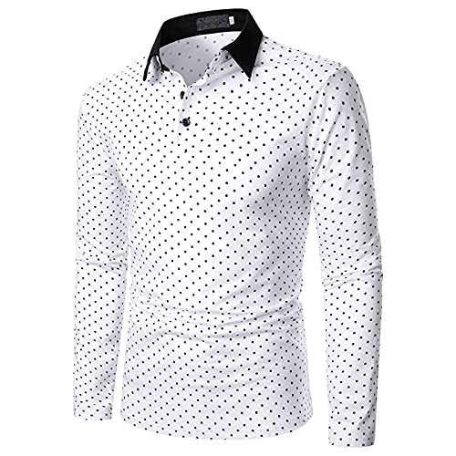 Tops for Men Contrast Color Patchwork Printed Long Sleeve Turn Down Collar Button Leisure Lapel Golf Blouse Tee (03 White, XL)