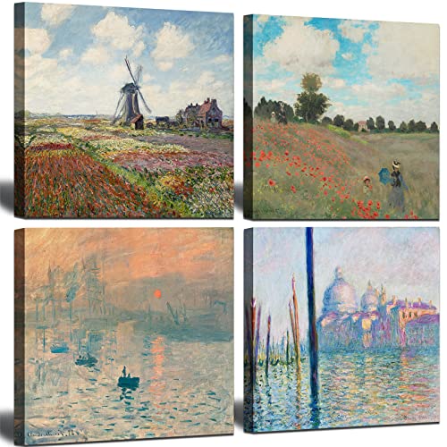 Impression Paintings by Claude Monet Art Reproduction Giclee Canvas Wall Art Prints for Dining Room, Bedroom, Kitchen, Bathroom Wall Decor 4 Piece 12"x12"