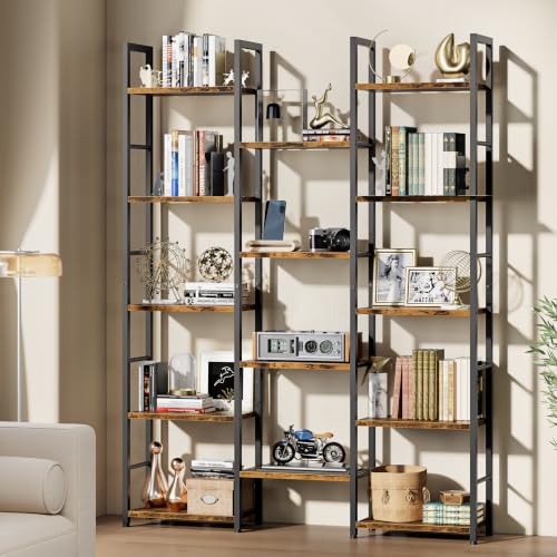 Image of Shintenchi Triple Column 5 Tier Bookshelf, Industrial Large Bookcase Display Shelves, Large Etagere Bookshelf,Wide Book Shelf Book Case for Home & Office, Rustic Brown