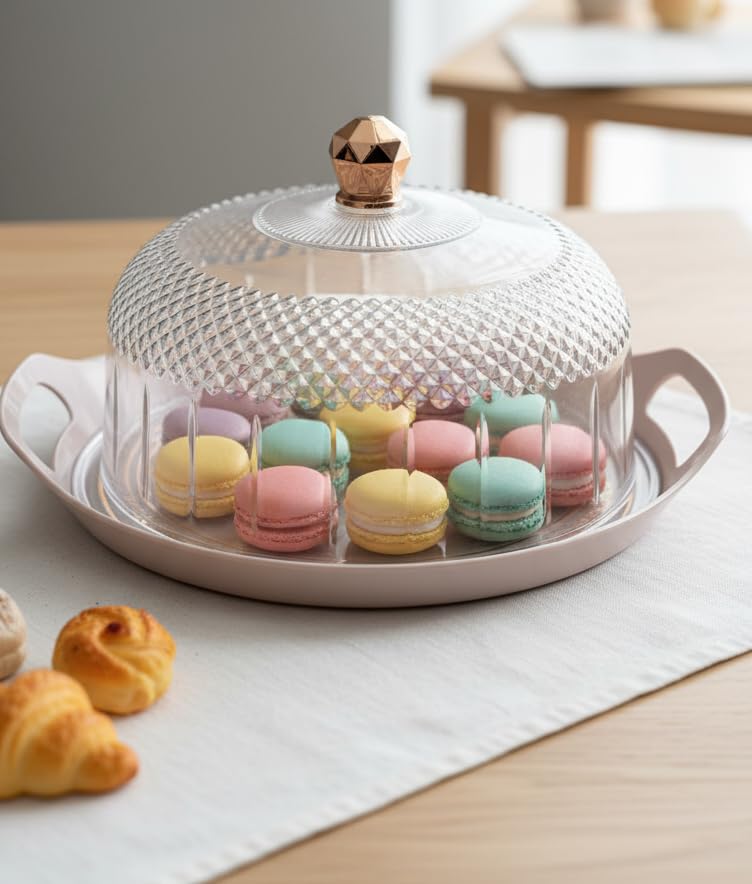 Image of Acrylic Cake Stand with Glass Dome, Round Serving Platter with Lid for Cakes, Cupcakes, Muffins, Pastries & Desserts, Cake Dome for Kitchen, Home Decor, Parties & Gifting Dessert Stand Cupcake Holder