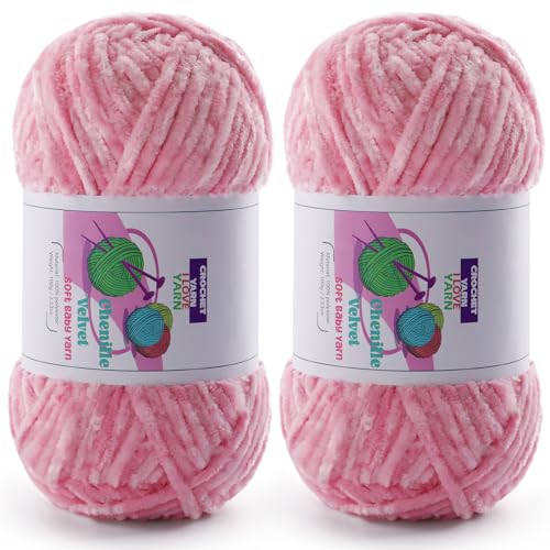 Image of Chenille Velvet Yarn for Crocheting, Pink Fuzzy Fluffy Yarn for Crochet | 2 Pack of 3.5 Oz /131.2 Yds Bulky Thick Chunky Yarn for Crocheting, Soft Amigurumi Yarn for knitting Baby Blankets, Scarves