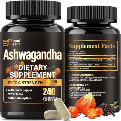 SoundHealth Organic Ashwagandha Capsules Supplements - 7000mg Herb Powder Equivalent Per, Ashwagandha Powder for Women & Man - Vegan, Plant Based, Gluten-Free, Non-GMO - 240 Capsules (120 Servings)