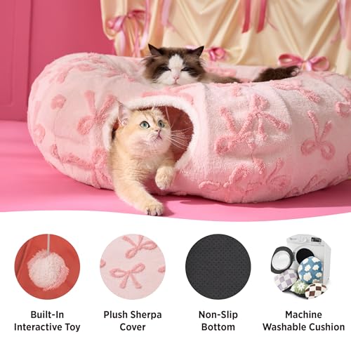 Image of Lesure Large Cat Tunnel Bed - Cute Donut Bed for Indoor Cats with Washable Circle Cushion, Round Pet Peekaboo Cave Toy for Multi Kitten /Puppy /Rabbit, Large Pink Taffy