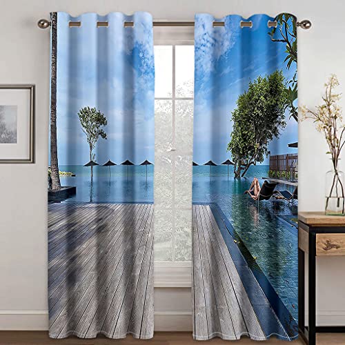 GDYRYD Cortinas Opacas Habitacion Juvenil - Patrón De Complejo Turístico Blue Ocean De Impresión Cortinas Opacas 2 Piezas Largas 120x250cm Cortinas Salon Modernas, Salón Dormitorio Decoración De La