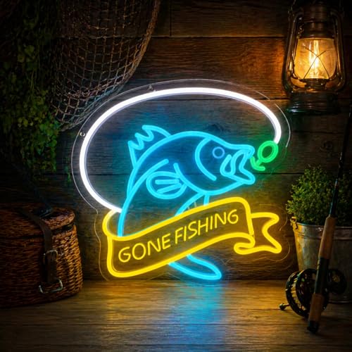 Go Fishing Neon Sign, Gone Fishing Sign LED Wall Light for Man Cave, Cabin, Garage, Bar, Fun Neon Fish Sign for Fishing Decor, Perfect Gifts for Fishing Lovers and Outdoor Enthusiasts