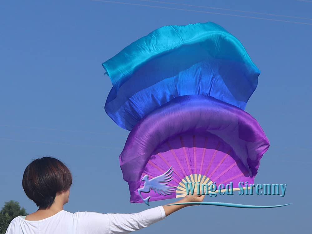 Winged Sirenny Abanicos Poi 150cm, Abanicos Velos Seda con Cuerdas de Poi, para Danza Tribal, Bellydance, Flow Arts, Remaches Tornillo Ajustables, Bolsa Transporte (púrpura-azul-turquesa)