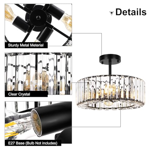 FRIDEKO HOME Modern Crystal Ceiling Lights Fixture 4-Lights, Round Black Chandeliers Ceiling Light with E27 Base, LED Light Fittings Ceilings for Bedroom, Living Room, Hallway, Kitchen - Image 4