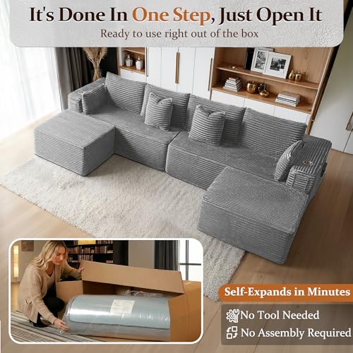 Image of 138 inch Cloud Sectional Couch, Comfort U Shaped Sofa for Living Room, Extra Deep Seats No Assembly, Minimalist Modular Couch, Corduroy (Light Grey, 6 Seats,U-Shape A)