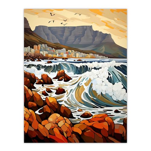 Artery8 Cape Town Cityscape under Table Mountain Stylised Painting Crashing Waves in Coastal Landscape Unframed Wall Art Print Poster Home Decor Premium