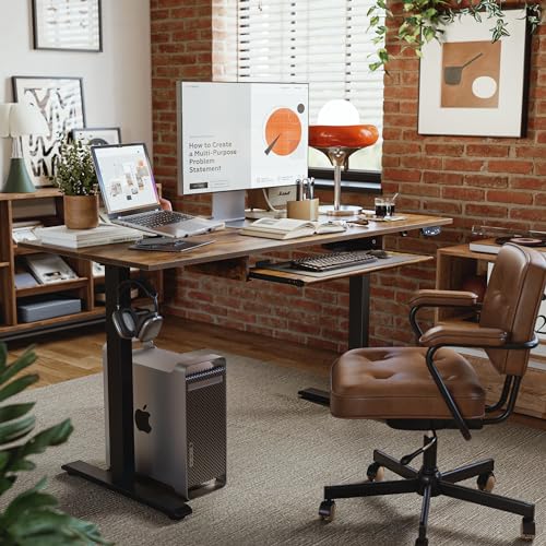 Image of Agilestic Height Adjustable Desk with Keyboard Tray, 63 x 24 Inches Electric Standing Desk, Stand up Computer Table with Memory Preset, Modern Lift Motorized Gaming Workstation, Rustic Brown