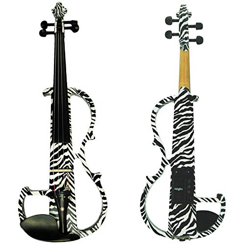 Image of Kinglos. Visual-Art Advanced Electric Violin 4 /4 Full Size Ebony Fittings | Kit Incl. Case Bow Shoulder Rest Aux Cable Spare Bridge Strings - Solid Wood Black Zebra Silent Violin Set for Adult Beginner
