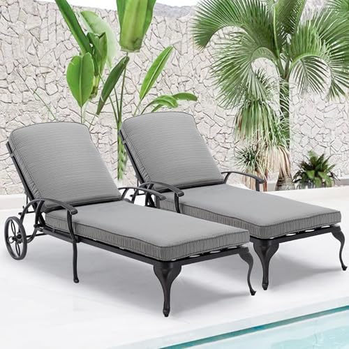HOMEFUN Chaise Lounge Chair Outdoor - Poolside Chairs Set of 2 with Cushion Cast Aluminum Waterproof Lounger with Wheels and Adjustable Reclining, Pack of 2 (Gray Cushion)