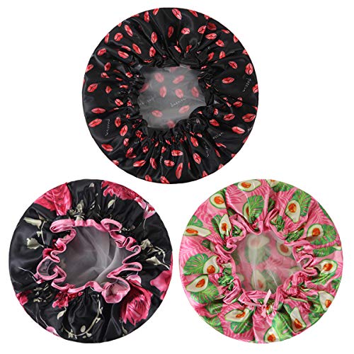 Shower Cap, MEETRUE 3 PACK Reusable Shower Caps Double Layers Waterproof Shower Cap for Women Long Hair, Oversized Shower Cap with Elasticized Hem