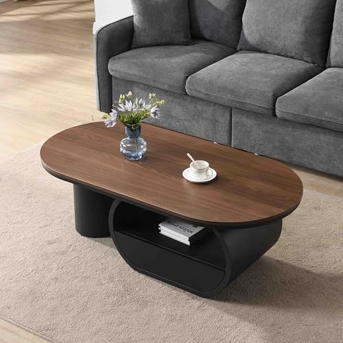 Image of Faux Marble Nesting Coffee Table Set of 2 | Coffee Table Set with End Table,Oval Living Room Table with Gold Metal Base,Marble Grain Top & 1 Drawer,Stack Tea Table Set