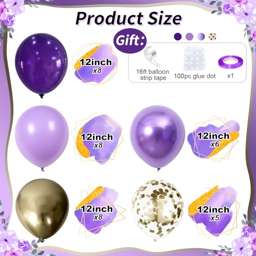 Image of Purple and Gold Balloons, 12 Inch 35PCS Dark Pastel Purple Lavender Balloons with Metallic Gold Confetti Balloon for Girls Women Wedding Baby Shower Butterfly Princess Theme Birthday Party Decorations