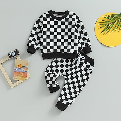 Toddler Baby Boy Girl Fall Winter Outfit Checkered Long Sleeve Sweatshirt Pullover Tops Jogger Pants 2Pcs Clothes Set2