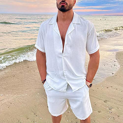 Men's Cotton Linen 2 Piece Outfit Set Summer Casual Button Down Short Sleeve Hawaiian Shirts and Shorts White Beach Suit2