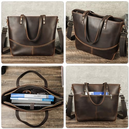 Image of Top Grain Leather 14.2 inch Laptop Tote Bag Briefcase for Man & Woman, Vintage Design & Adjustable Strap, Fits to 14.2 inch MacBook Pro /Air, Shoulder Bag Handbag for Office /Travel, Coffee 14.2 Inch