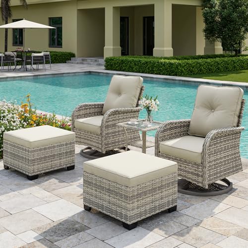 Image of 5-Piece Small Patio Furniture Set, Outdoor Swivel Rocking Chairs Set with Ottomans, Patio Bistro Set for Balcony, Deck, Porch,Ivory