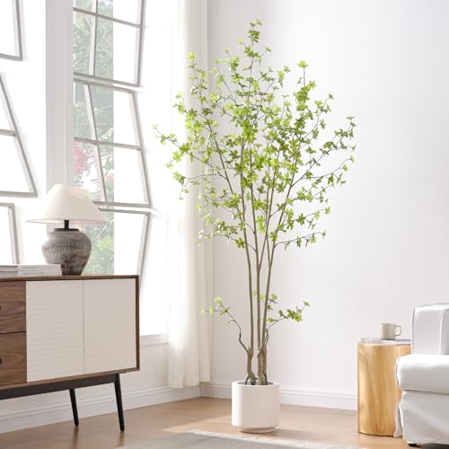 Image of Artificial Enkianthus Tree 6.5ft Tall Fake Plant with Lifelike Leaves and Trunk - Large Indoor Floor Plant in White Pot for Living Room, Bedroom, Office Decor
