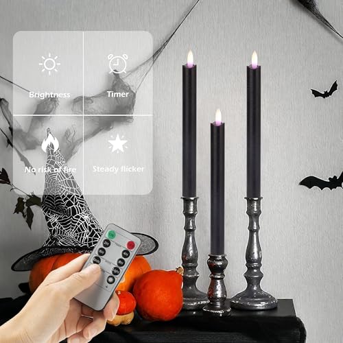 Image of JOIONE Black Flameless Taper Candles with Remote, 3 Pack Halloween Decor | Battery Operated LED, Black Real Wax, Remote Control, Warm Flickering Glow, Safe Halloween Home & Party Decor
