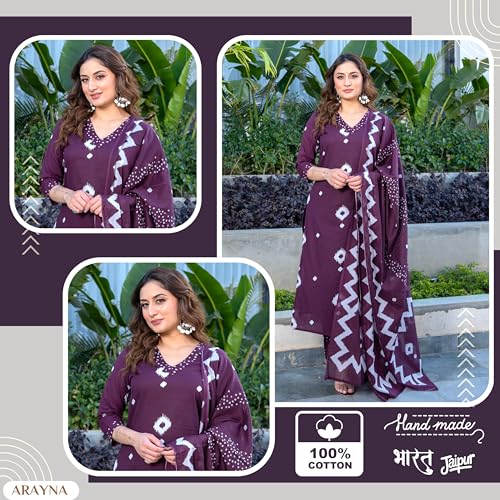 Arayna Women's Pure Cotton Bandhani Print Ethnic Kurta Set with Palazzo Pants & Dupatta - Image 7