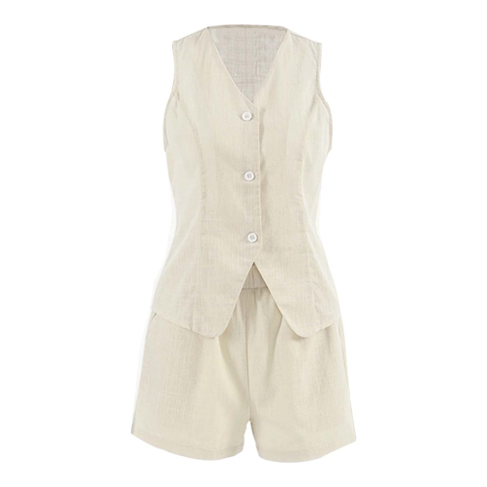 Générique sans manches en lin avec col en V boutonné pour femme Beige S ou M ensemble femme pantalon et haut fluide