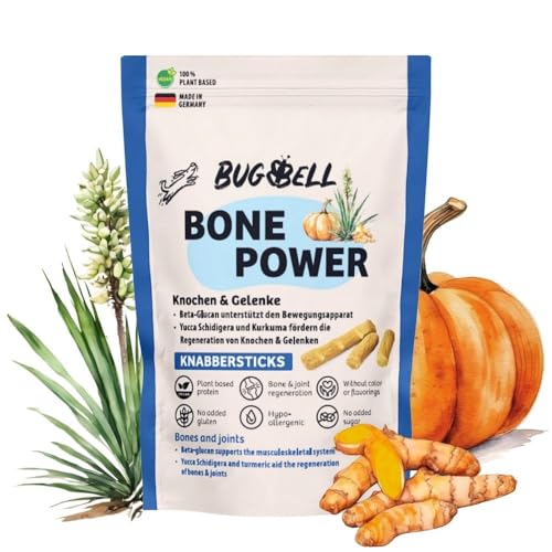 BugBell Softe Knabbersticks für Hunde 60g, Knochen & Gelenke, Fettreduziert & Pflanzlich, zur Unterstützung der Mobilität, Yuccawurzel, Kurkuma