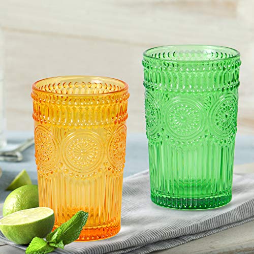 Image of MDLUU Colored Glassware, Multicolor Drinking Glasses, Embossed Water Glasses, Colored Tumblers Glass, Capacity 12oz /345ml, Set of 4